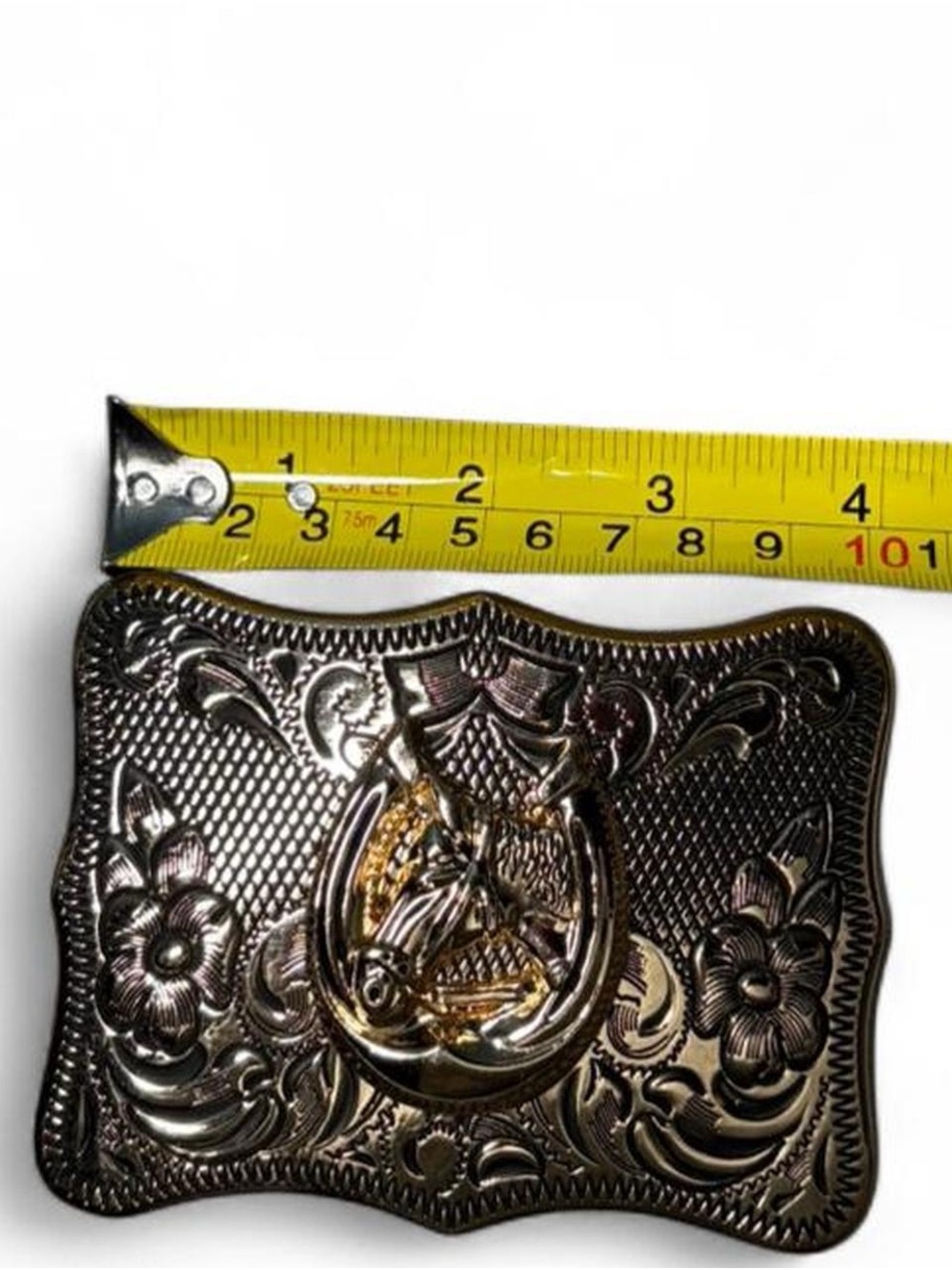 Western Horseshoe Floral Belt Buckle in Silver and Gold Tones